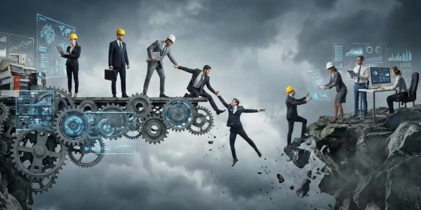 Professionnels en costume traversant un pont d'engrenages industriels au-dessus d'un gouffre, symbolisant la collaboration et l'entraide nécessaires pour surmonter les défis de transformation en entreprise