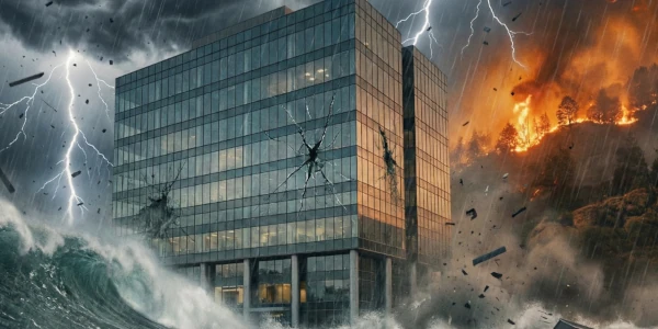 Immeuble de bureaux moderne résistant à une tempête avec vagues, éclairs et incendie, métaphore visuelle des crises externes qui peuvent frapper une entreprise