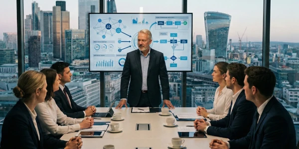 Dirigeant expérimenté présentant une stratégie de gestion de crise à son comité de direction dans une salle de réunion avec vue sur une métropole financière