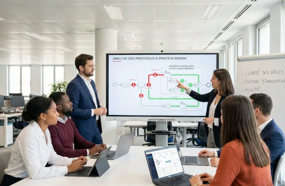Réunion d'équipe diversifiée dans un bureau moderne.
                        Une intervenante présente sur un grand écran un diagramme intitulé 'ANALYSE DES PROCESSUS & PROCESS MINING',
                        montrant des flux d'optimisation via l'automatisation (RPA). Un tableau blanc à côté liste 'CLARTÉ DES RÔLES', 'CULTURE D'INNOVATION' et 'AGILITÉ'.