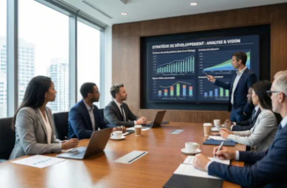 Réunion d'équipe dans une salle de conférence moderne avec une grande fenêtre donnant sur la ville.
                        Un homme en costume présente des graphiques de données sur un grand écran titré 'STRATÉGIE DE DÉVELOPPEMENT : ANALYSE & VISION' et 'Tendances de marché prédictives'.
                        Six autres professionnels sont assis autour d'une table en bois, écoutant la présentation.