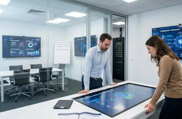Deux professionnels analysant des données stratégiques sur une table tactile dans un bureau moderne,
                        entourés d'écrans muraux affichant des indicateurs de cybersécurité et de performance informatique.